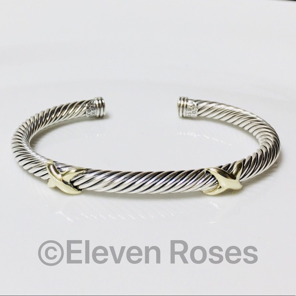 David Yurman Sterling & 14k Double X Cable Cuff - Picture 7 of 7